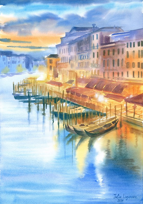 Night Venice Italy Original Watercolor cityscape Gift Anniversary home decor canals gondolas