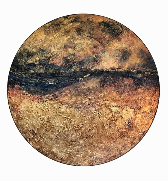 Golden Landscape - original abstract painting on round canvas
