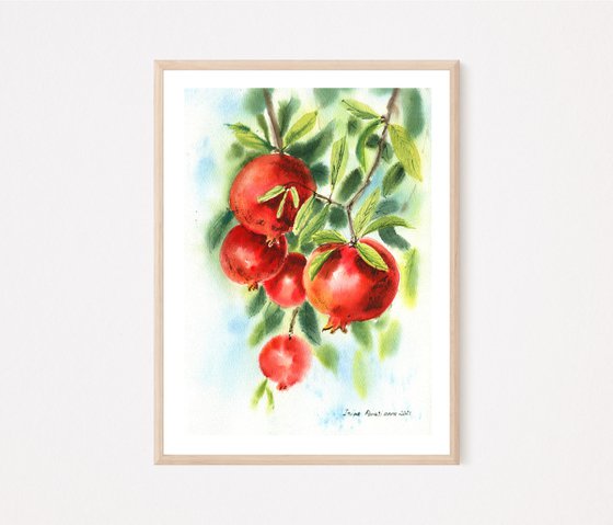 Pomegranate original watercolor painting, red fruits green leaves decor for dinner room, bedroom decor, gift for her