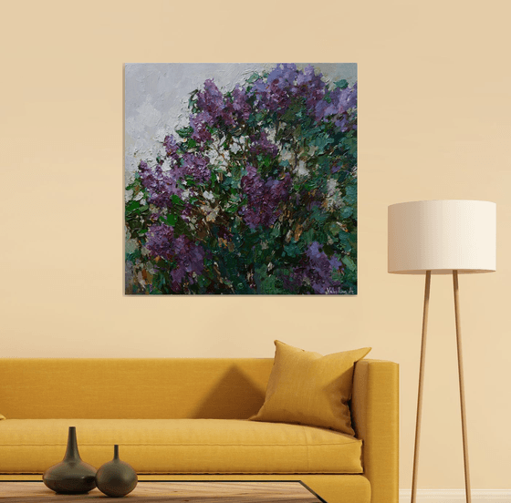 Blooming purple lilacs Original oil painting 90 x 90 cm