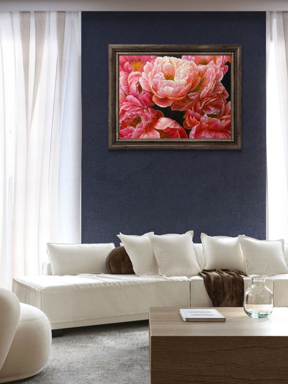Red peonies on dark background