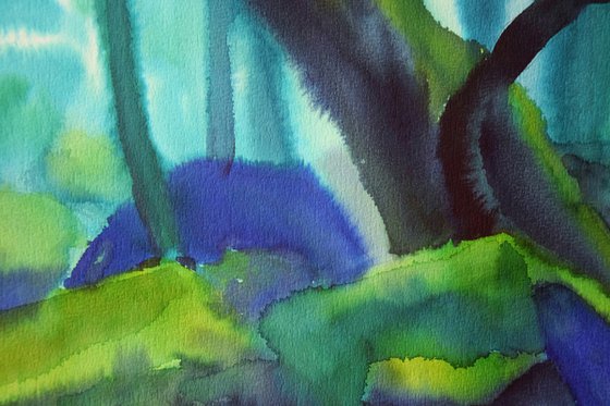 Green forest original watercolor painting, moss trees, mystic wall decor