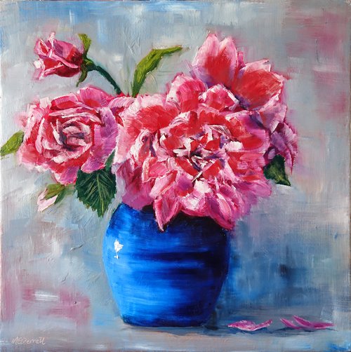 Roses in Blue Vase by Marion Derrett