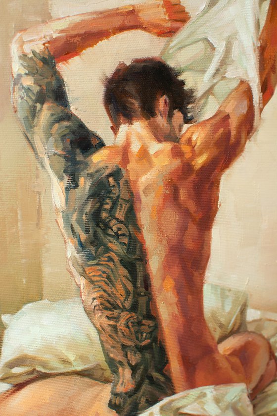 Tiger awakens by Yaroslav Sobol  (Modern Impressionistic Nude Male Model Oil painting Gift Home decor)