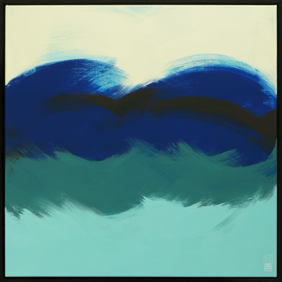 Incl Frame - Abstract Square Painting - The Wave in Blue - 85x85cm - Ronald Hunter - 22J