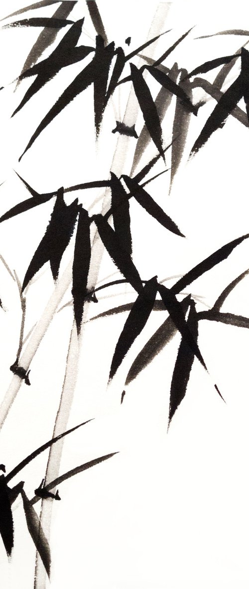 Three bamboos - Bamboo series No. 2110 - Oriental Chinese Ink Painting by Ilana Shechter