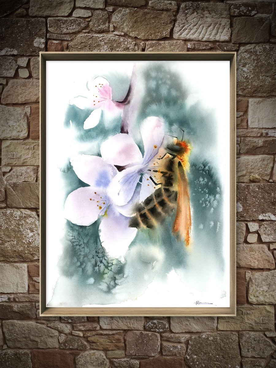 Impressionistic Botanical Watercolour By Olga Tchefranov (Shefranov), 11 X 15", Honey Bee With Flower, Original Artwork