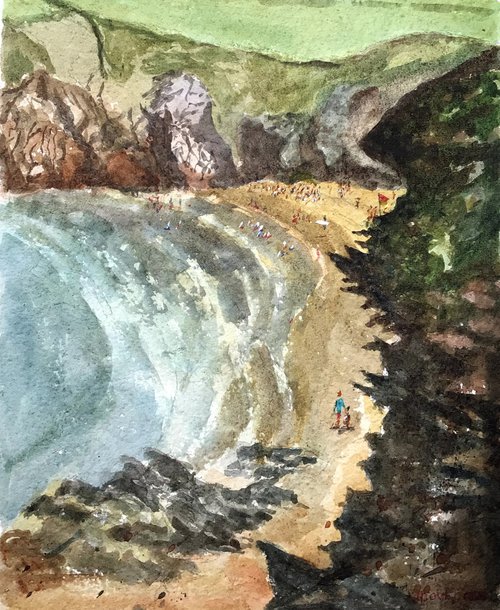 Trevone Bay from the cliffs - An original watercolour painting by Julian Lovegrove Art