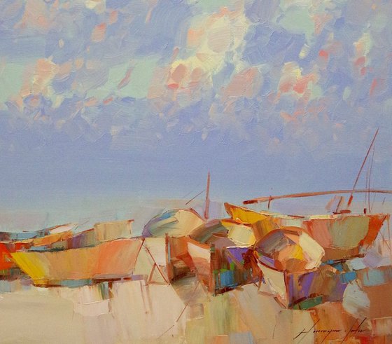 Fishing Boats, Original oil painting, Handmade artwork, One of a kind