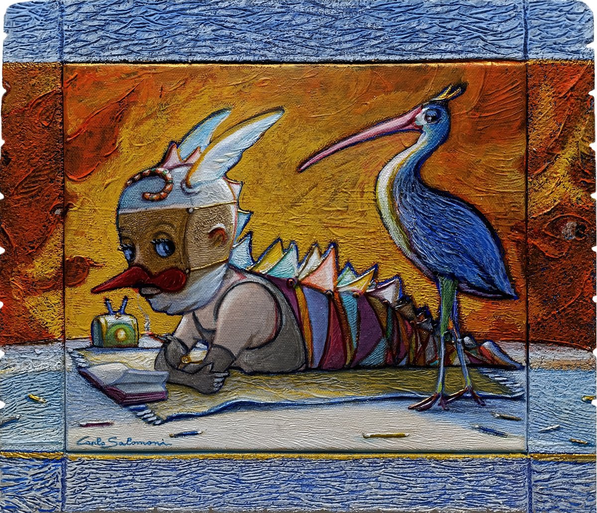 Surrealistic Portrait Painting By Carlo Salomoni, 15 X 13, Harlequin And His Assistant, Original Artwork