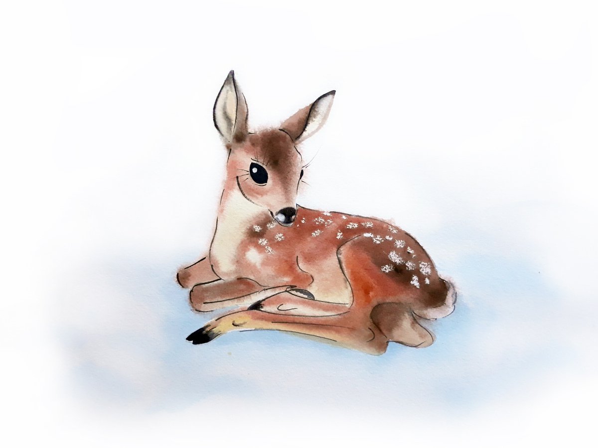 Fawn Baby Deer - fawn lays in the snow by Olga Beliaeva Watercolour