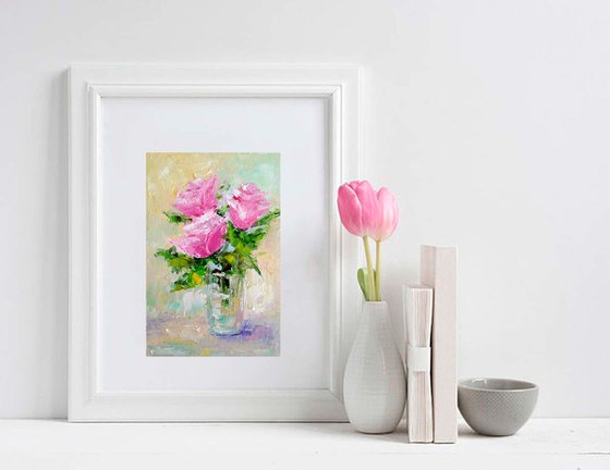 Pink Rose Painting Original Art Small Oil Artwork Flower Wall Art Floral Mini Oil Painting