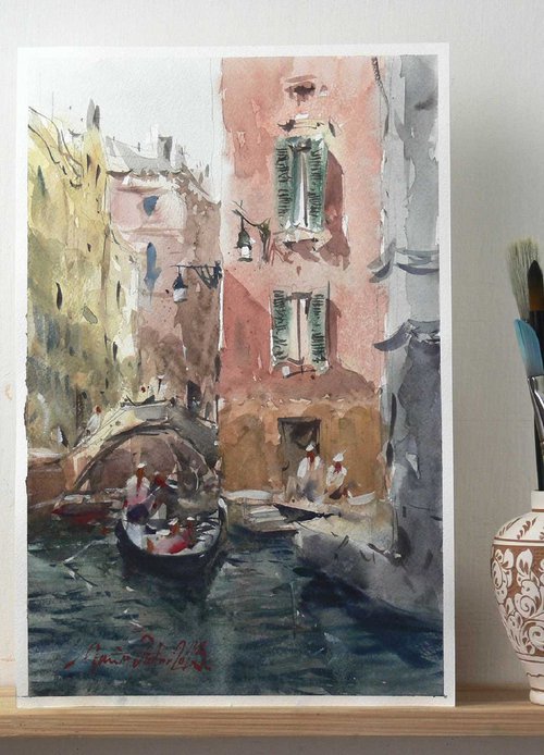 Venice, original watercolor on paper. by Marin Victor