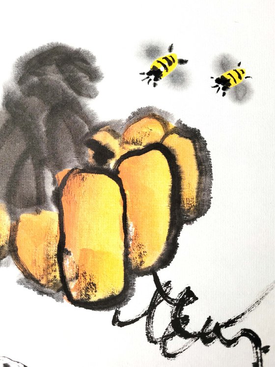 Pumpkin and two bees - Pumpkin series No. 02 - Oriental Chinese Ink Painting