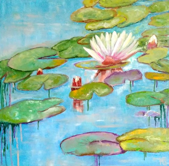 Nympheas 2, Nympheas Water Lily Painting Original Art Lotus Floral Wall Art Monet Pond Landscape, 50x50 cm, ready to hang.