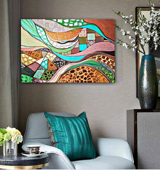 Large abstract painting. Blue turquoise orange bronze wall art