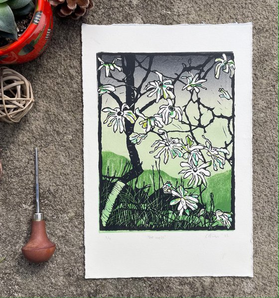 The Melt - Magnolia Blossom Contemporary Linocut Print