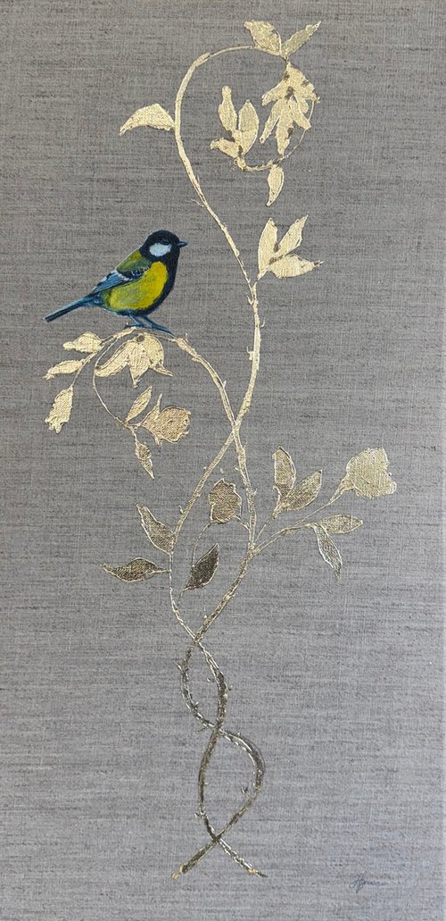 Great Tit On Ornamental Gold Leaf Roses by Hannah  Bruce