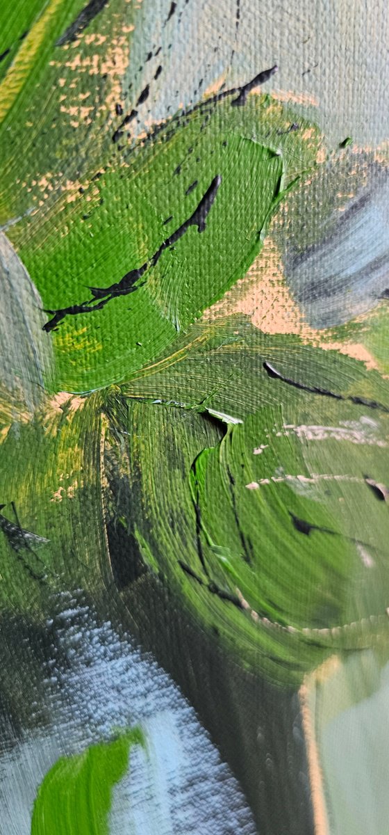 Yellow roses in a pot on blue