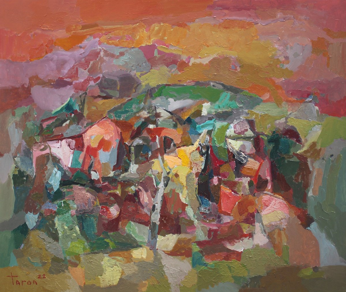 Abstract Landscape Oil Painting By Taron Khachatryan, 26 X 22", Autumn, Original Artwork