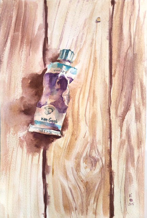 "Still life with tube of watercolor paint on a wooden table" original watercolor artwork by Ksenia Selianko