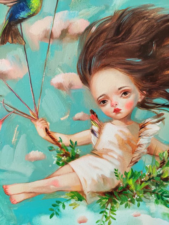 Winged fairy oil painting on canvas, Whimsical girl with colorful hummingbirds, Sky turquiose art