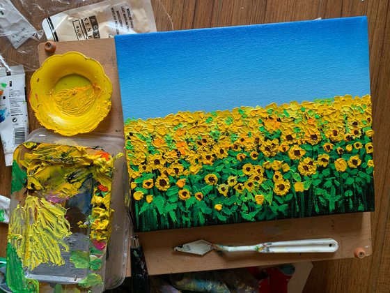 Sunflower field !!  Ready to hang painting!! Impasto flower painting!! Floral landscape