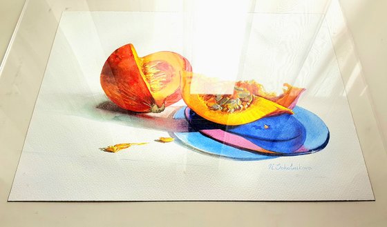 Pumpkin yellow blue still life