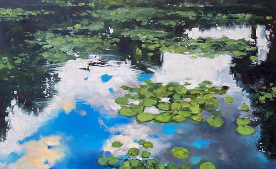 "Water-Lilies pond"-100x100cm large original oil painting by Artem Grunyka