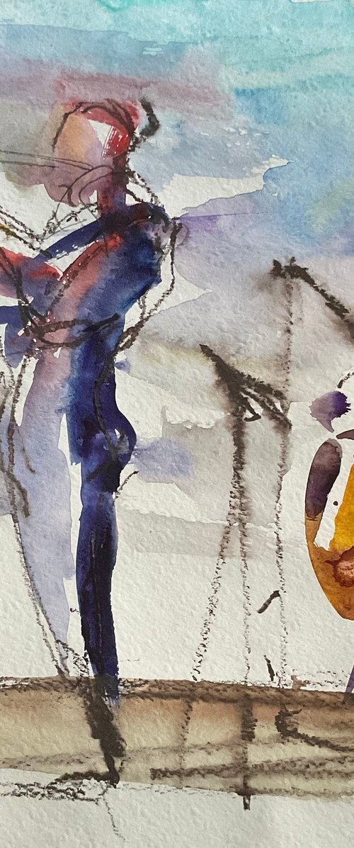 "JAZZ BAND PLAYING LOUIS ARMSTRONG. #2" (WATERCOLOR SKETCH, 'JAZZ BY THE SEA' SERIES) by Irina Bibik-Chkolian