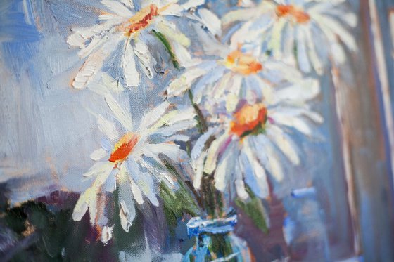 Light at home. Daisies still life with cherries.