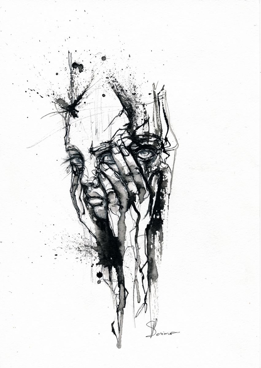 Expressive Portrait Ink Drawing By Doriana Popa, 8 X 12, Off, Original Artwork