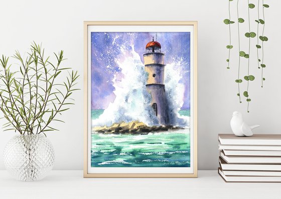 Lighthouse in the waves  original watercolor artwork with sea , waves, decor for living room, decor for nursery, gift for him