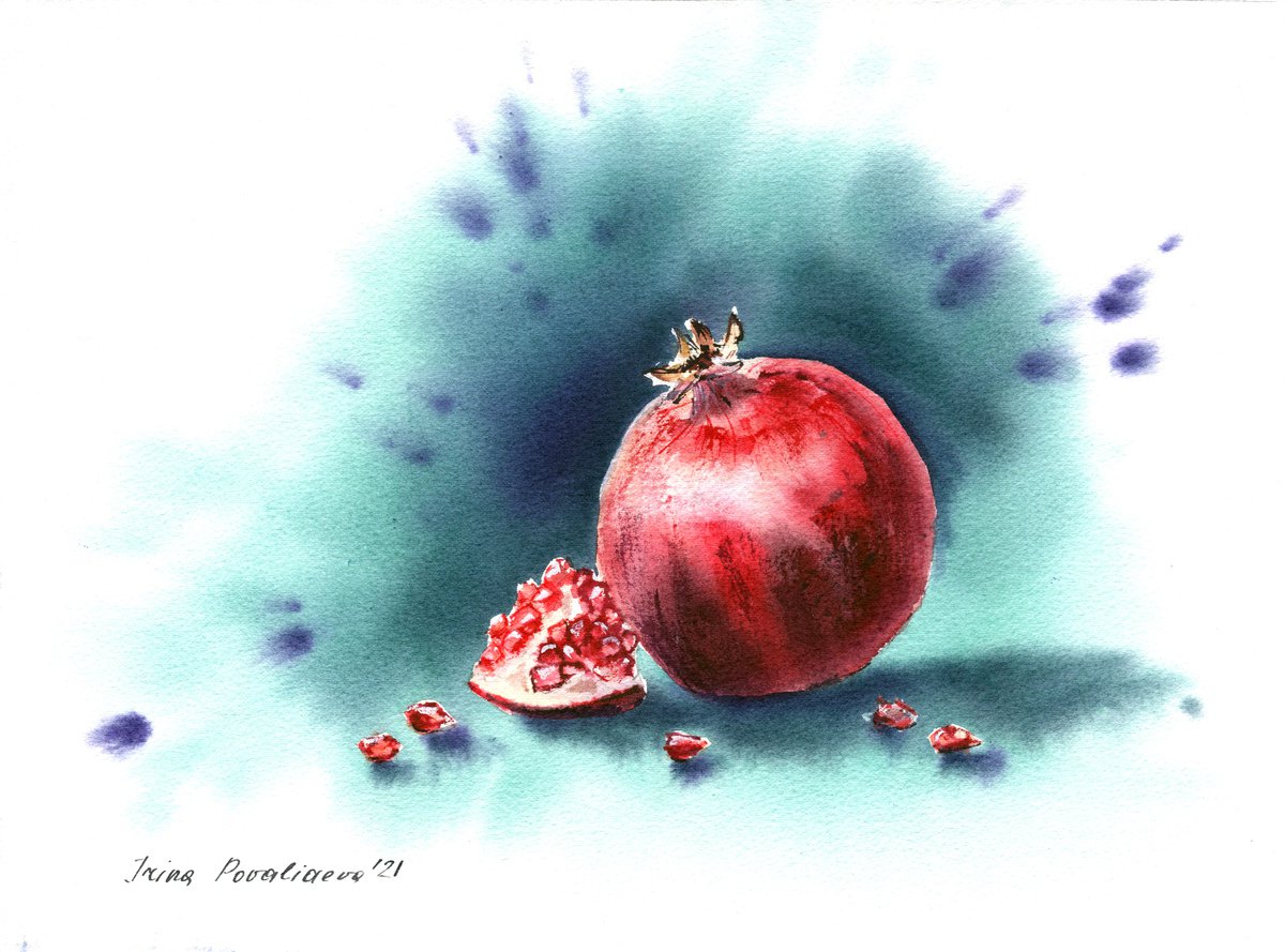 Pomegranate original watercolor painting , fruit artwork , medium format , red and green by Irina Povaliaeva