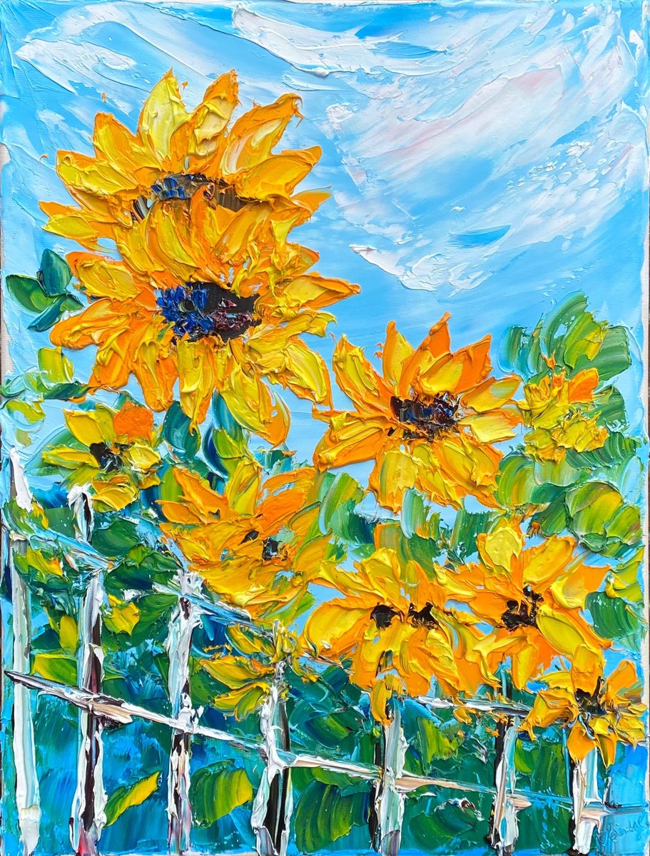 Impressionistic Botanical Oil Painting By Oksana Fedorova, 12 X 16", Sunflowers, Original Artwork