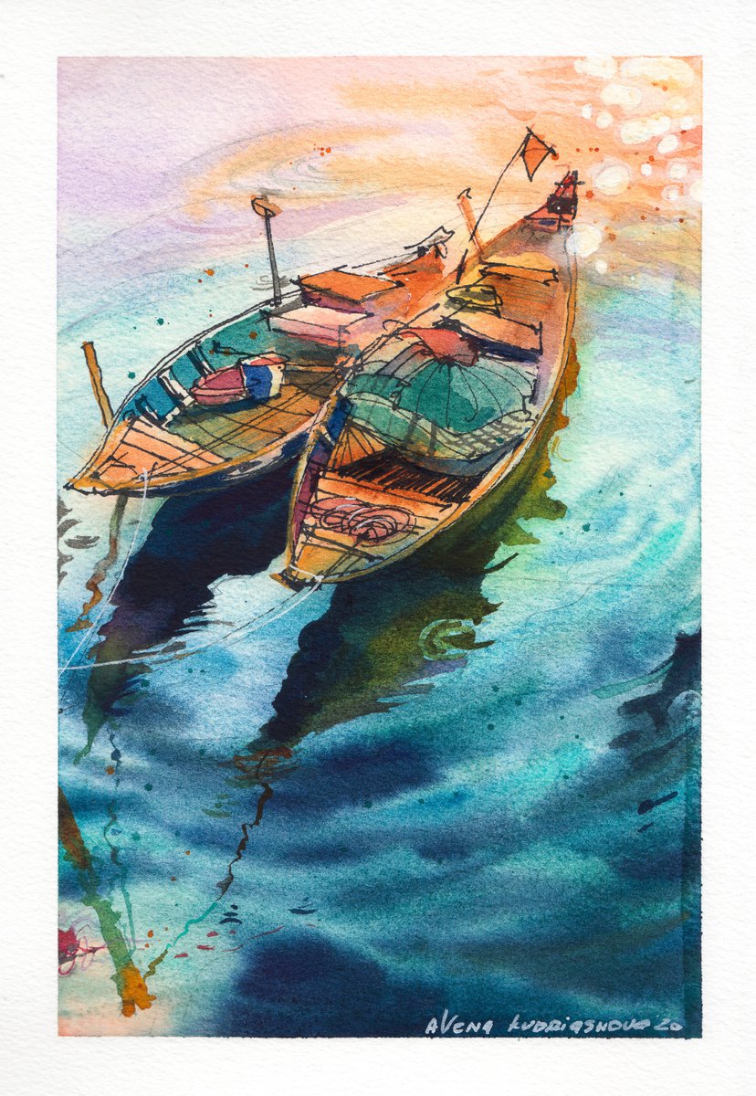 Boats in Noi An # 1 - B5, Original drawing by Alena Kudriashova