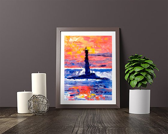 Lighthouse Painting Seascape Original Art Small Oil Impasto Nautical Pallete Knife Artwork Home Wall Art 7 by 9,5" by Halyna Kirichenko