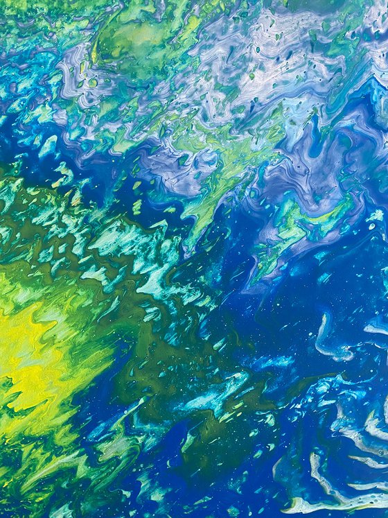 "Atomic Ripple" - Original Abstract PMS Fluid Acrylic Painting on a Recycled Desk Panel - 30 x 18 inches