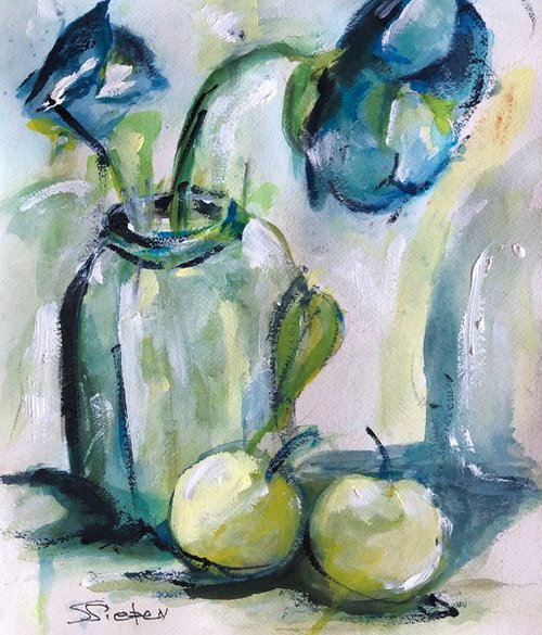 Blue Flowers and Yellow Apples by Sharon  Sieben
