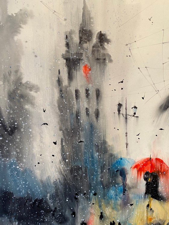 Watercolor “Red accent in the rain” perfect gift