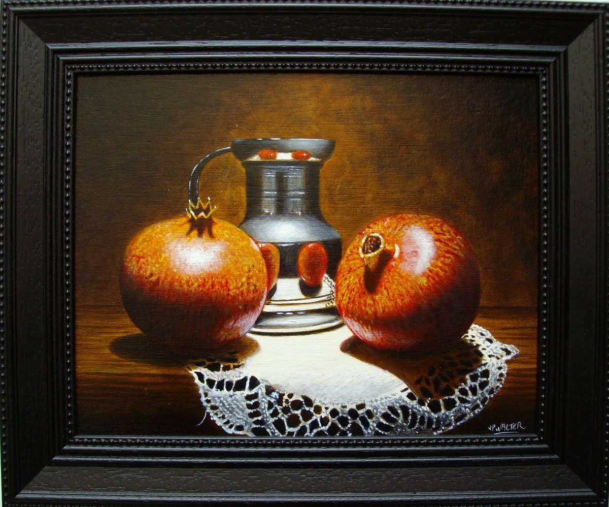 2 pomegranates with pewter jug by Jean-Pierre Walter