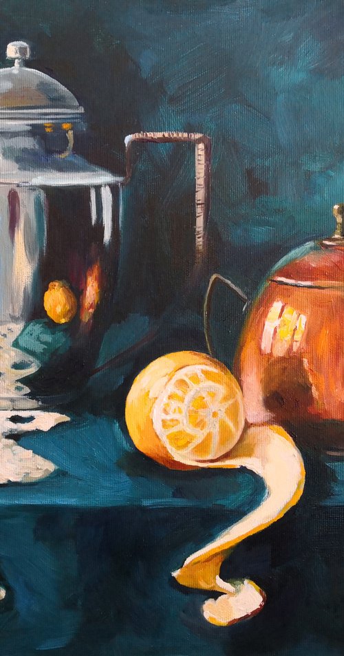 Still life with peeled lemon, Silver dishes and knitted shawl by Jane Lantsman