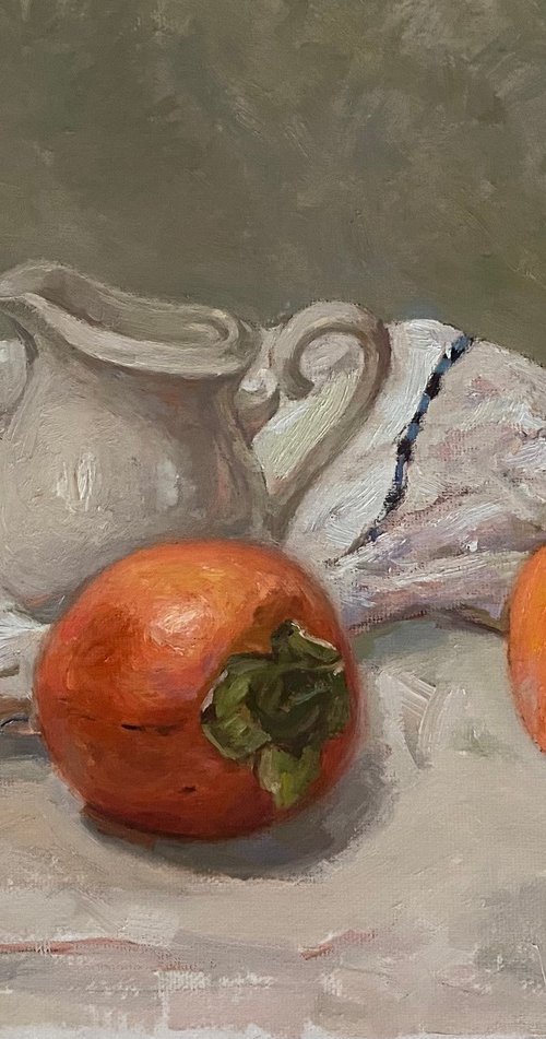 Persimmons on Linen by Elena Bulatova