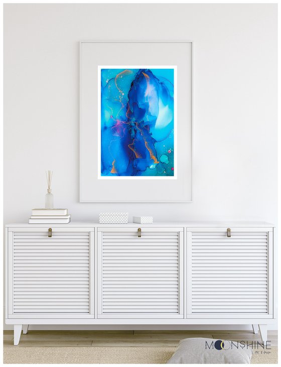 Alcohol Ink Modern Abstract Fluid Painting Print 'Blue Waves'