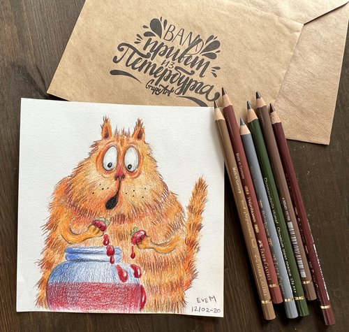 A fat red cat eats strawberry jam. Funny illustration with red cat. Original artwork. by Evgeniya Mokeeva