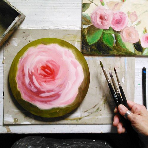 Round Pink Rose Flower Oil Painting on Canvas Board by Caridad I. Barragan
