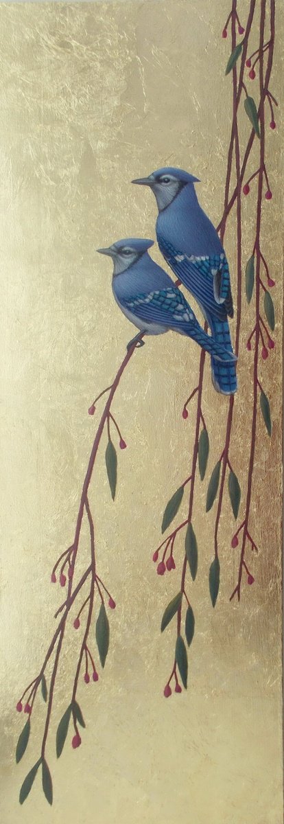 bird painting Blue jays on the branches of a flowering tree by Tatyana Mironova