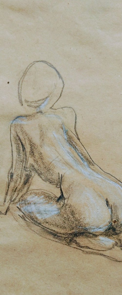 Nude. Sketch. Original pastel drawing on beige paper by Yury Klyan