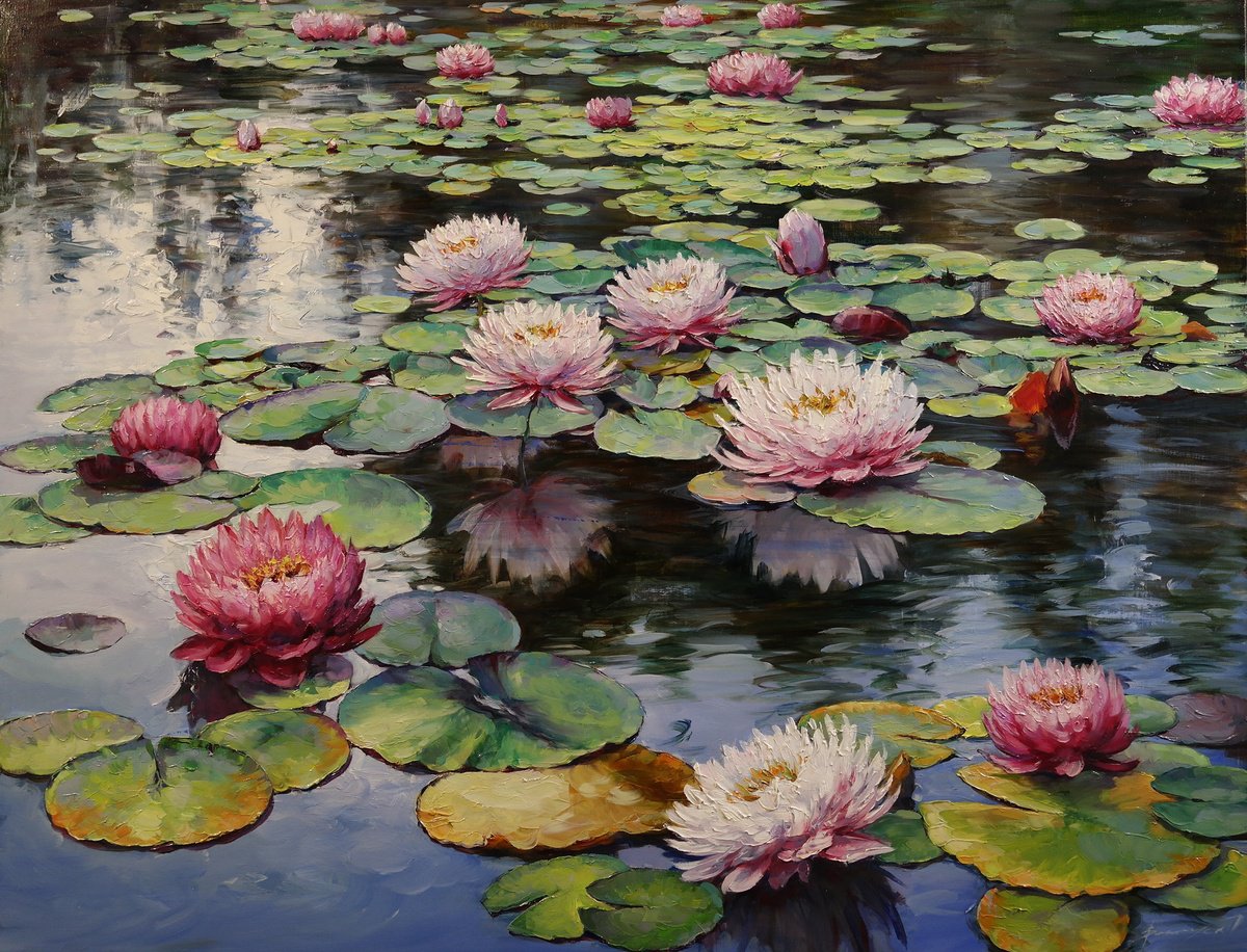 Impressionistic Landscape Oil Painting By Gennady Vylusk, 35 X 28, Pink Lilies On The Pond, Original Artwork