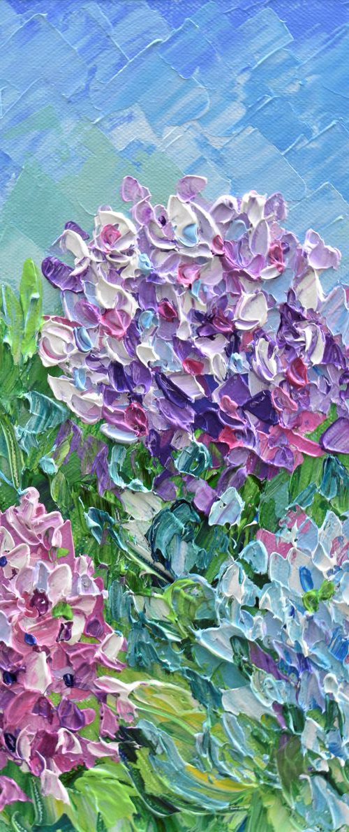 Blue and Pink Hydrangeas - Impasto Floral Acrylic Painting by Olga Tkachyk